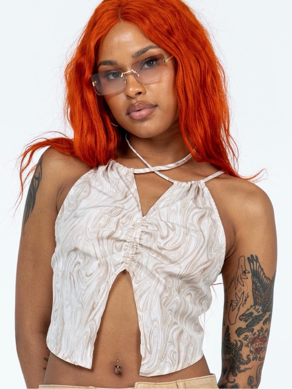Princess Polly Cream Swirl Halter Crop Top